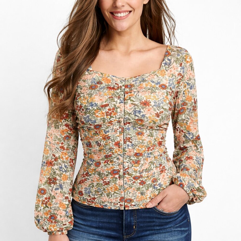 Gimmicks by BKE Floral Ruched Long Sleeve Top Cottagecore Boho Romantic Y2K L